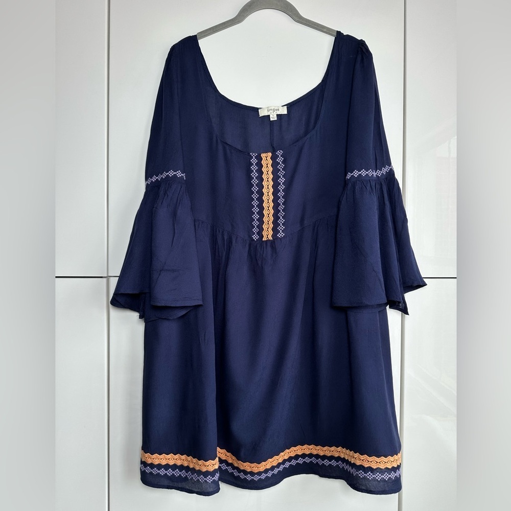 Umgee Boho Mini Dress Embroidered Flutter Sleeves Size Large Navy Blue